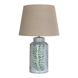 Palm Leaf Crackled Lamp Base with Raw Linen Tapered Drum