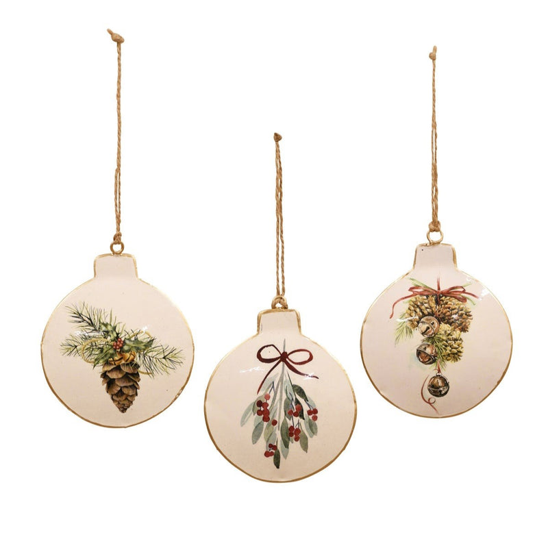 Enamel Hanging Disc - Set of 3 - Mistletoe & Pinecones