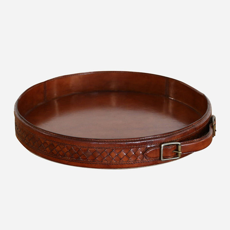Round Leather Tray with Plaited Sides