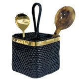 St Barts Black Rattan & Gold Cutlery Caddy