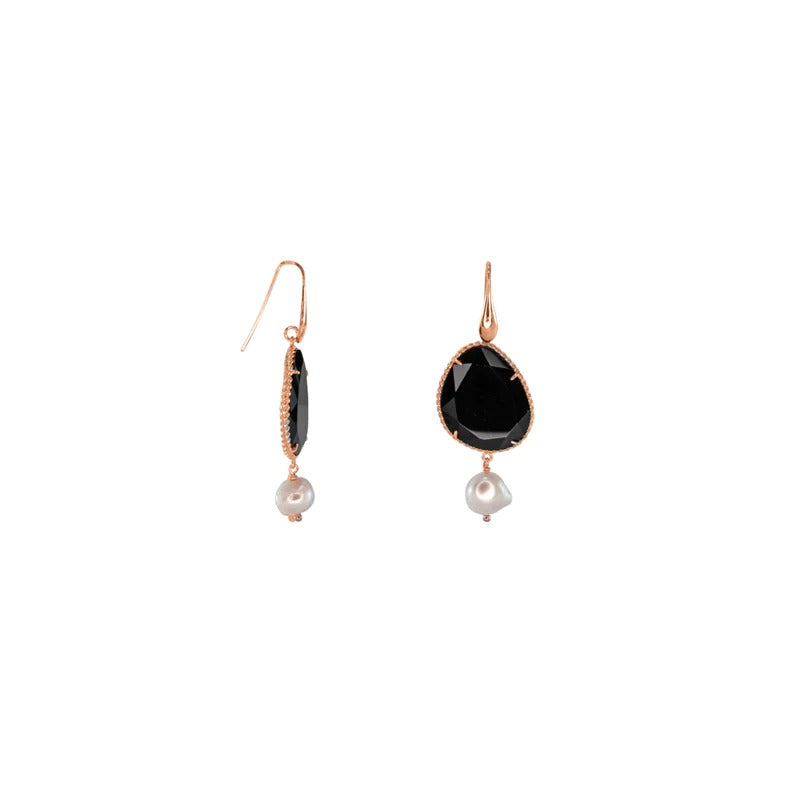 #0863 Black Agate & Pearl Drop Earrings