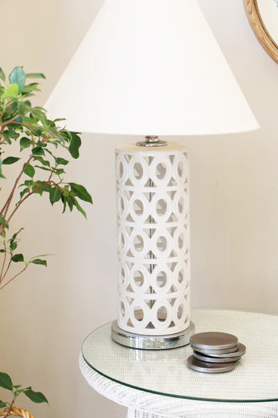 Lattice White Ceramic Lamp with Charcoal Shade
