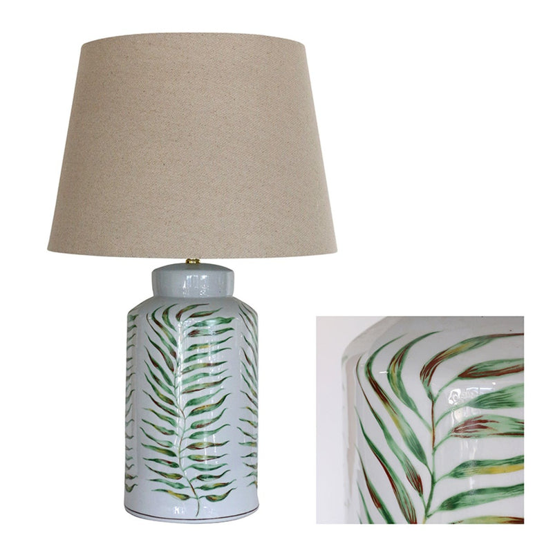 Palm Leaf Crackled Lamp Base with Raw Linen Tapered Drum