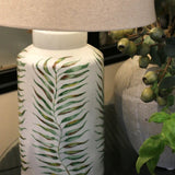 Palm Leaf Crackled Lamp Base with Raw Linen Tapered Drum